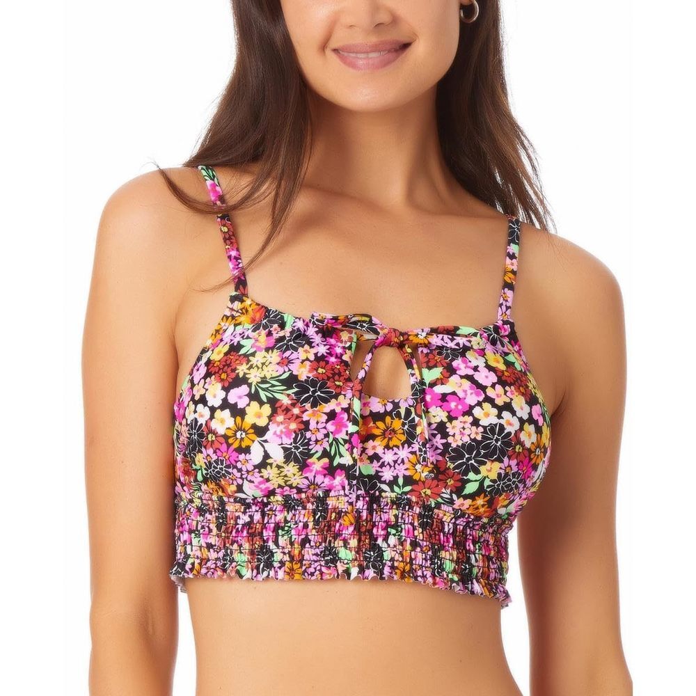 California Waves Womens Juniors Floral Print Tie Neck Bikini Swim Top Black XS